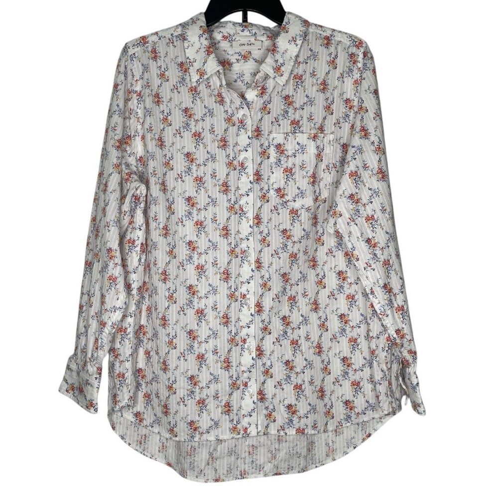 On 34th Womens Shirt 2X Plus Floral Print Shadow Stripe Long Sleeve Woven